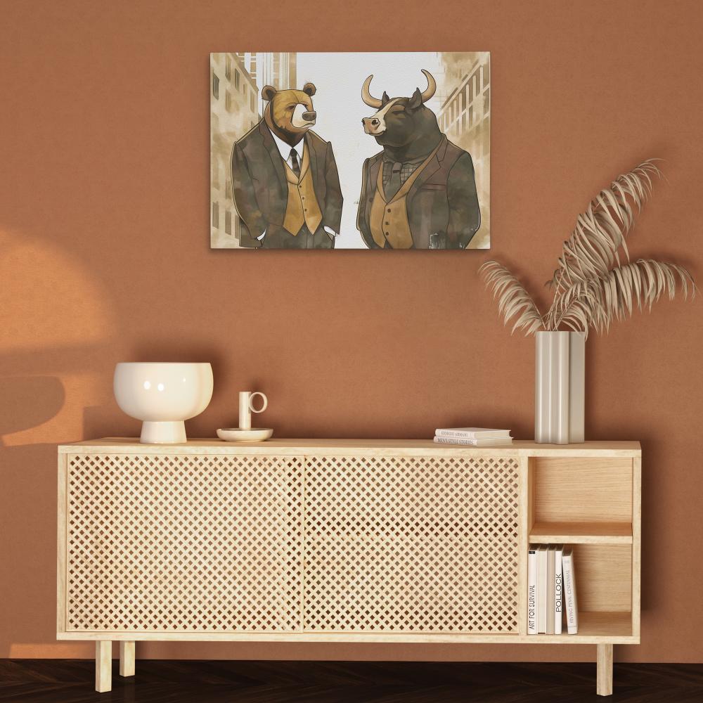 a painting of two bears dressed in suits