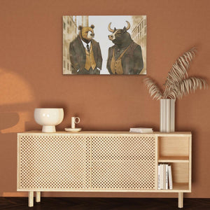 a picture of two bears in suits on a wall