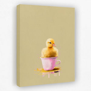 a duck in a pink cup on a yellow background