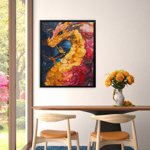 a painting of a dragon on a wall above a table