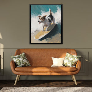 a painting of a dog riding a surfboard on a wave