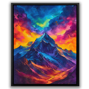 a painting of a mountain with colorful clouds