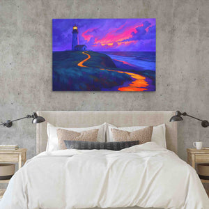 a painting of a lighthouse on a wall above a bed