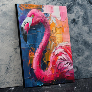 a painting of a pink flamingo on a wall