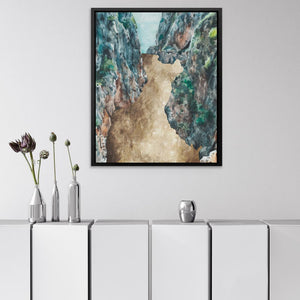 a painting hanging on a wall above a white cabinet