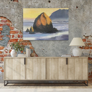 a painting of a rock in the ocean on a brick wall