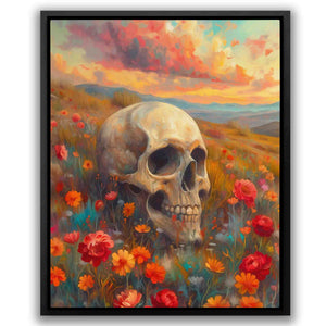 a painting of a skull in a field of flowers