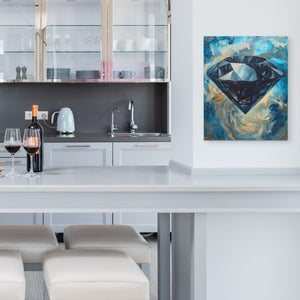 a kitchen with a white counter top and a painting on the wall