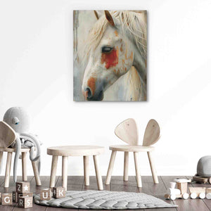 a painting of a white horse in a room