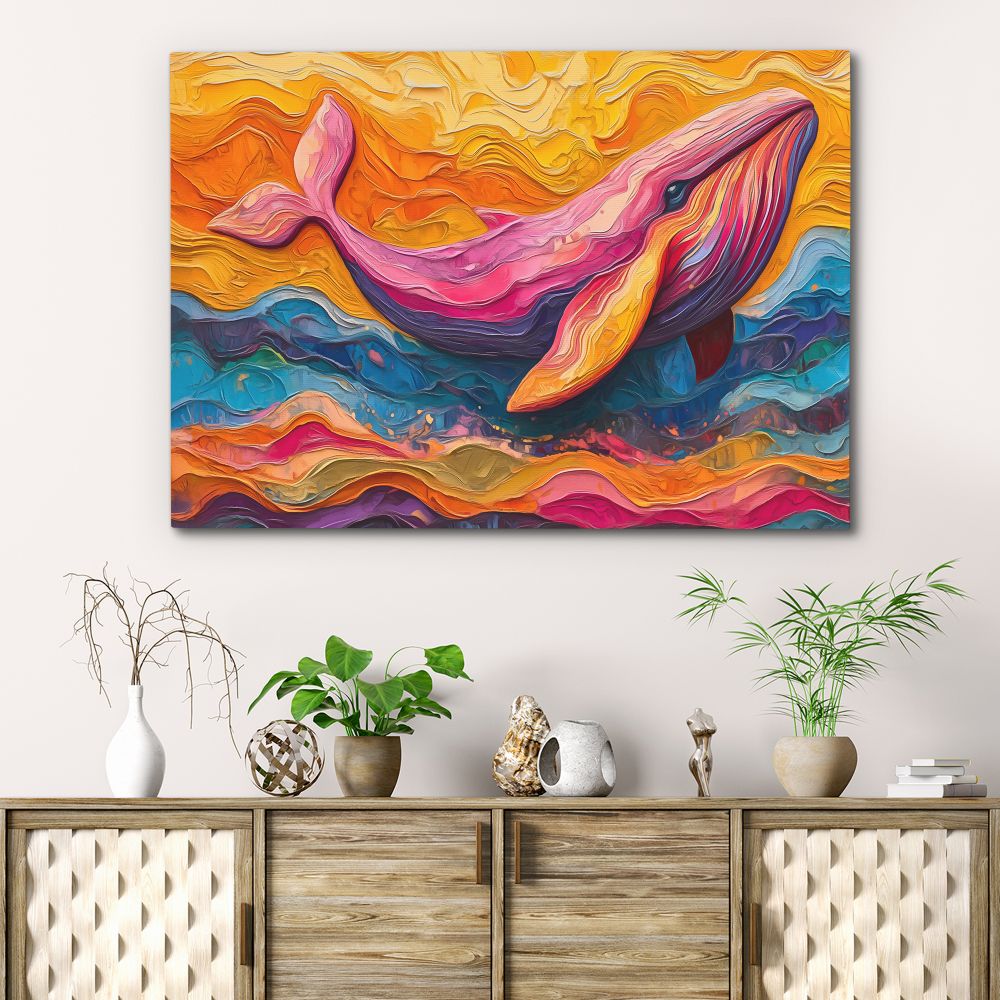 a painting of a colorful whale on a white wall