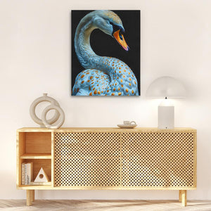 a painting of a blue swan sitting on top of a wooden cabinet