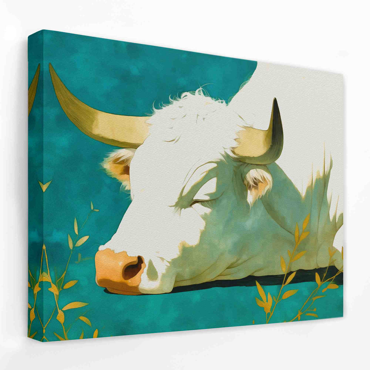 a painting of a white cow with yellow horns