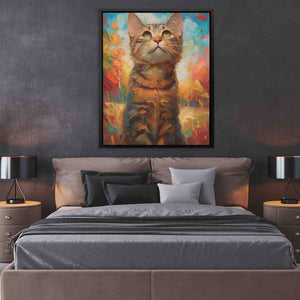 a painting of a cat sitting on top of a bed