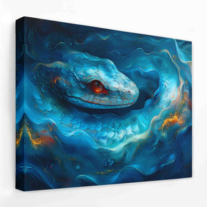 a painting of a blue snake with red eyes