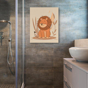 a picture of a lion on a wall in a bathroom