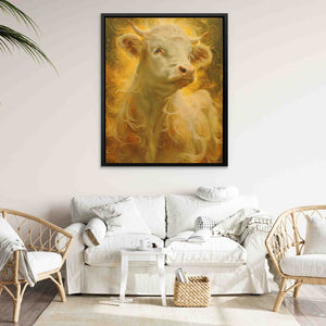a painting of a cow in a living room