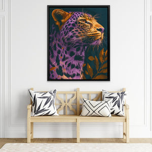 a painting of a leopard on a wall above a bench