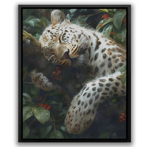 a painting of a snow leopard resting on a tree branch