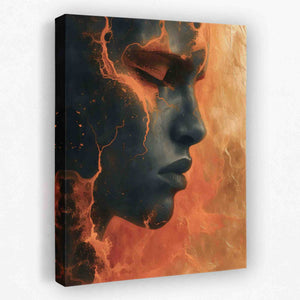 a painting of a woman's face on fire