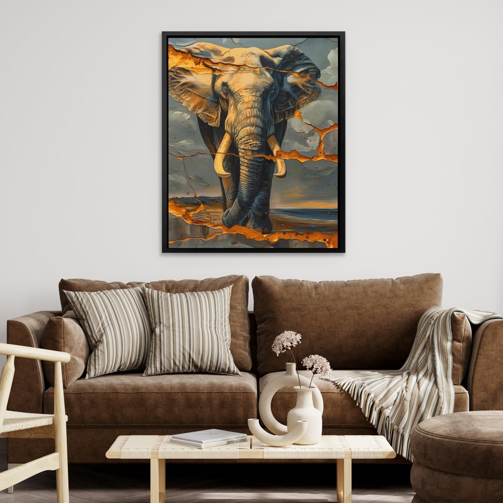 a painting of an elephant standing in front of a cloudy sky