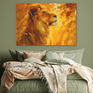 a painting of a lion on a wall above a bed