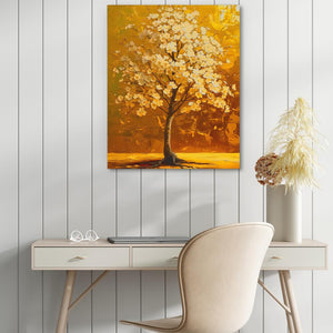 a painting of a tree on a wall above a desk