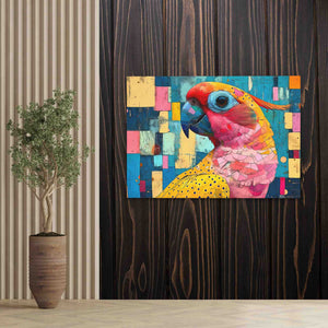 a painting of a colorful bird on a wooden wall