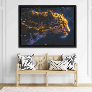 a painting of a leopard on a wall above a bench