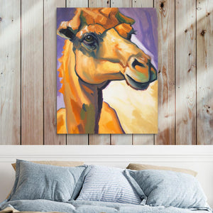 a painting of a horse on a wall above a bed