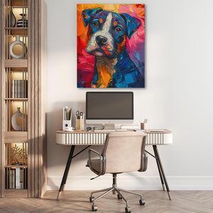 a painting of a dog on a wall above a desk