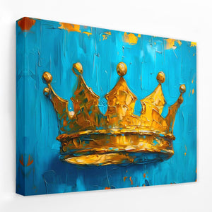 a painting of a gold crown on a blue background