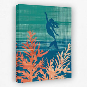 a painting of a woman in the water surrounded by corals