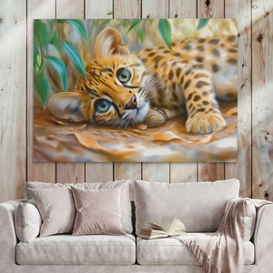 a painting of a baby tiger laying on the ground