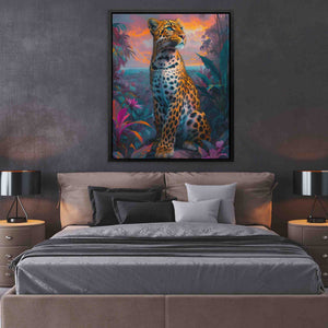 a painting of a leopard sitting on a bed