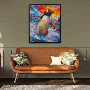 a painting of a penguin on a wall above a couch