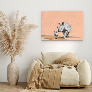 a painting of a rhino and a baby rhino on a wall