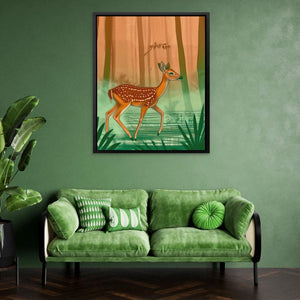 a living room with a green couch and a painting on the wall