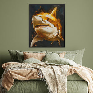 a painting of a shark on a wall above a bed