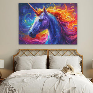 a painting of a unicorn on a wall above a bed