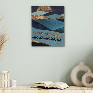 Sahara Stroll: Gold and Blue Desert Camel Art Print - Luxury Wall Art 