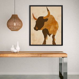 a picture of a bull on a wall above a table