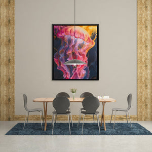 a dining room with a table and chairs and a painting on the wall