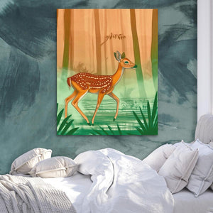 a painting of a deer in a forest