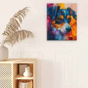 a painting of a dog on a wall next to a potted plant