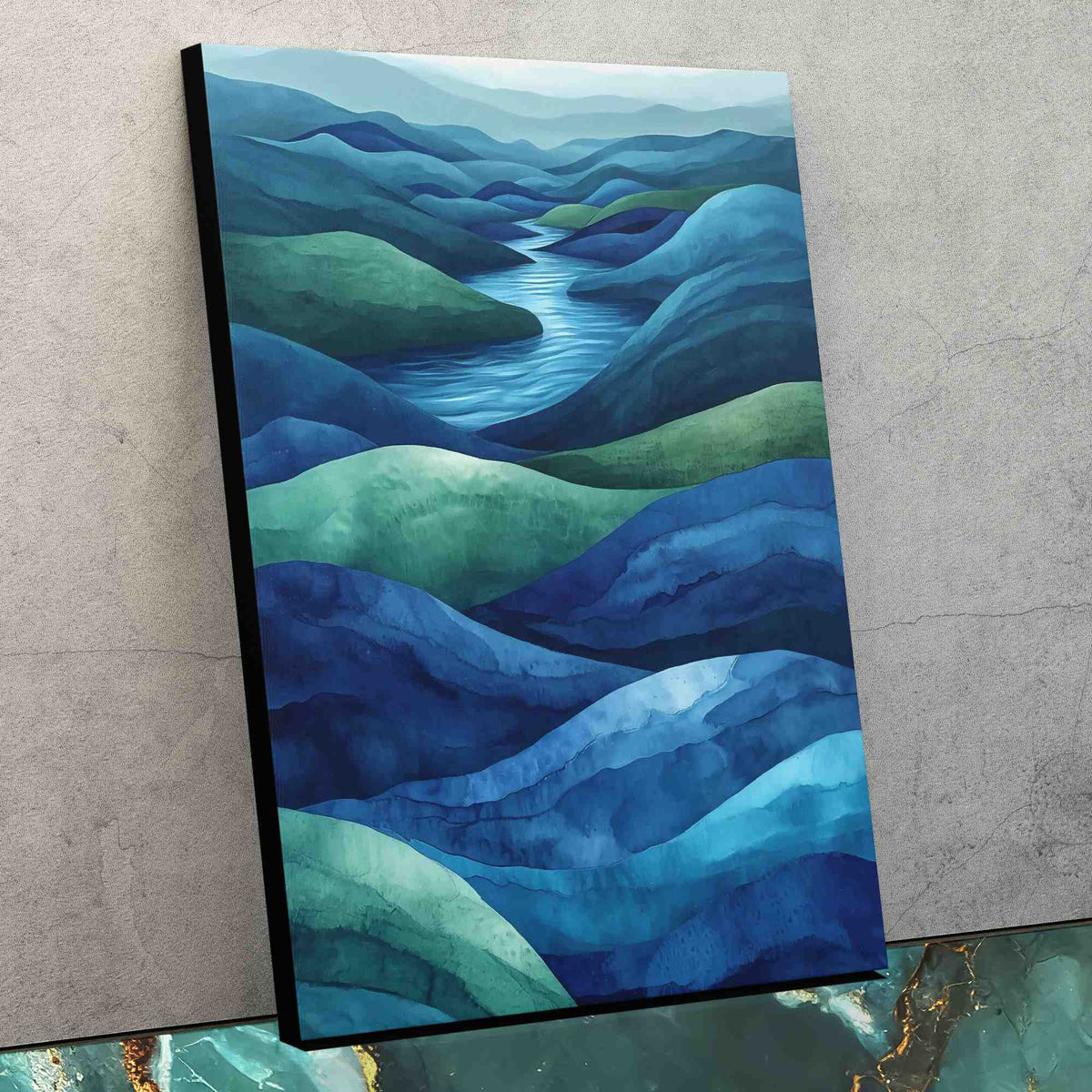 a painting on a wall of a blue and green landscape