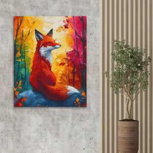 a painting of a fox on a wall next to a potted plant