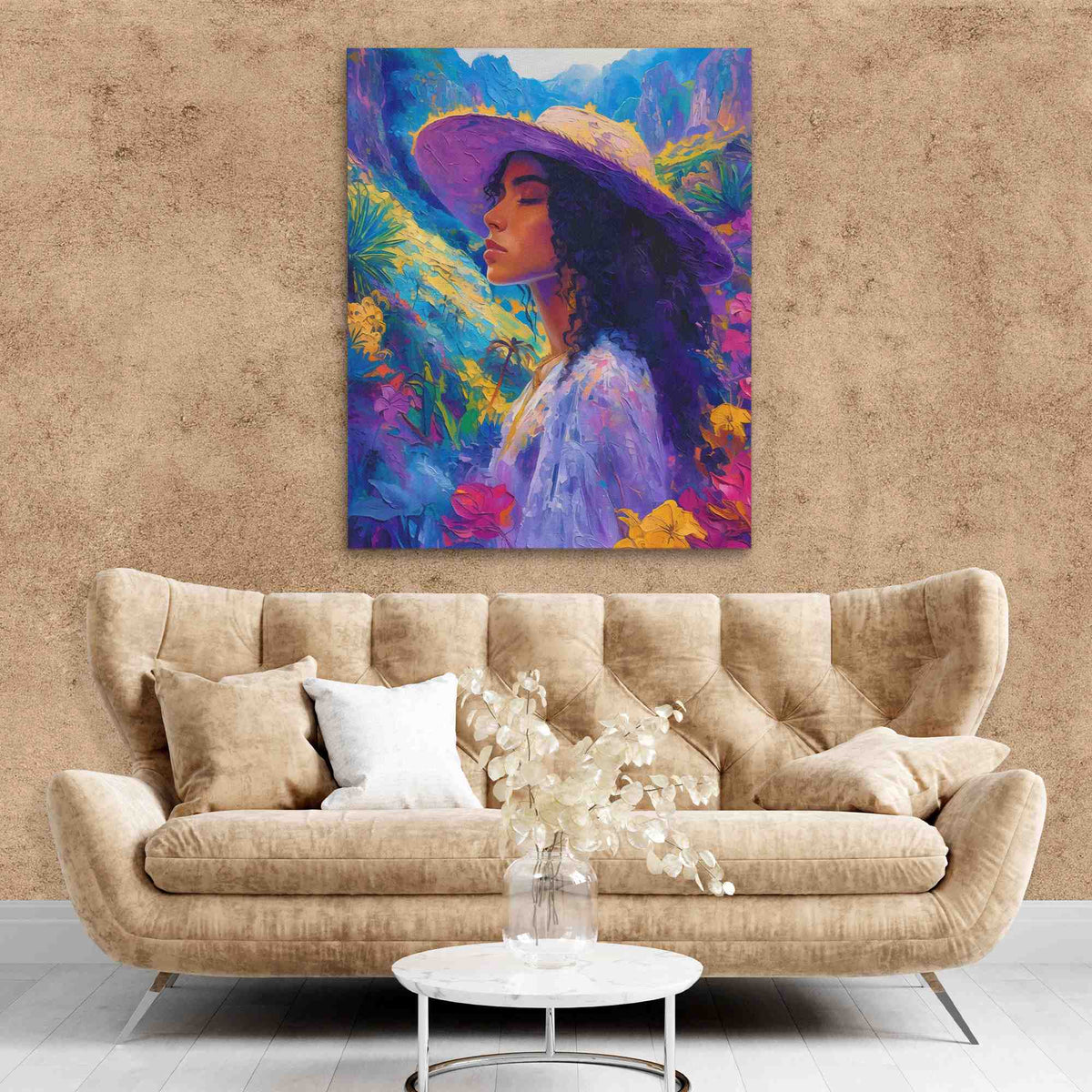 a painting of a woman with a purple hat