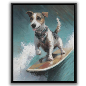 a painting of a dog riding a surfboard