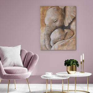 a living room with a painting of an elephant and a coffee table