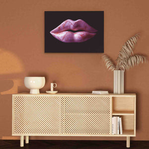 a painting of a woman's lips on a brown wall